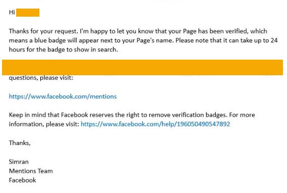 Page verified Message from Facebook
